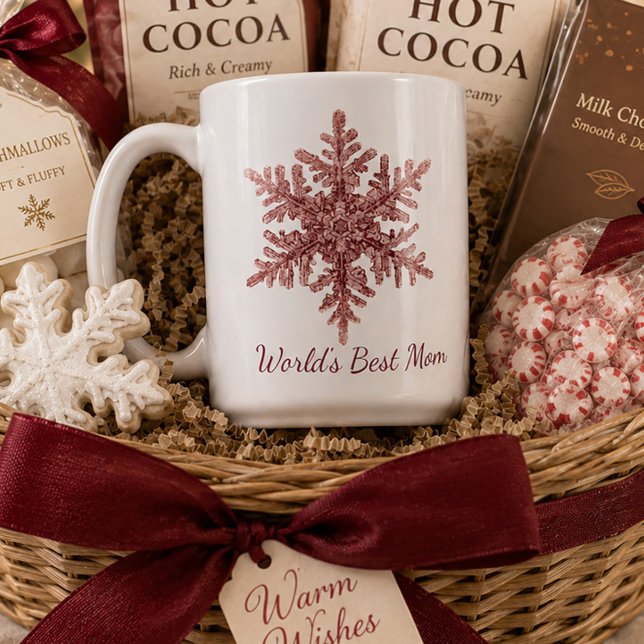 Världens Bästa Mamma Burgunder Snöflinga Kaffemugg (Red snowflake "World's Best Mom" mug)
