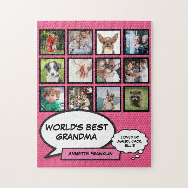 Världens Bästa Mormor 12 Foto Collage Rosa Kul Pussel (Vertikal)