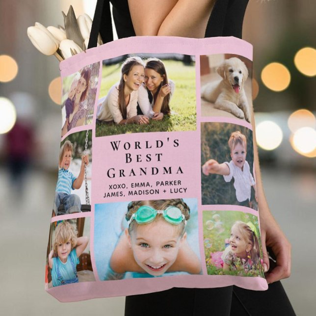 Världens Bästa Mormor 8 Foto Collage Rosa Tygkasse (World's Best Grandma 8 Photo Collage Pink Tote Bag)