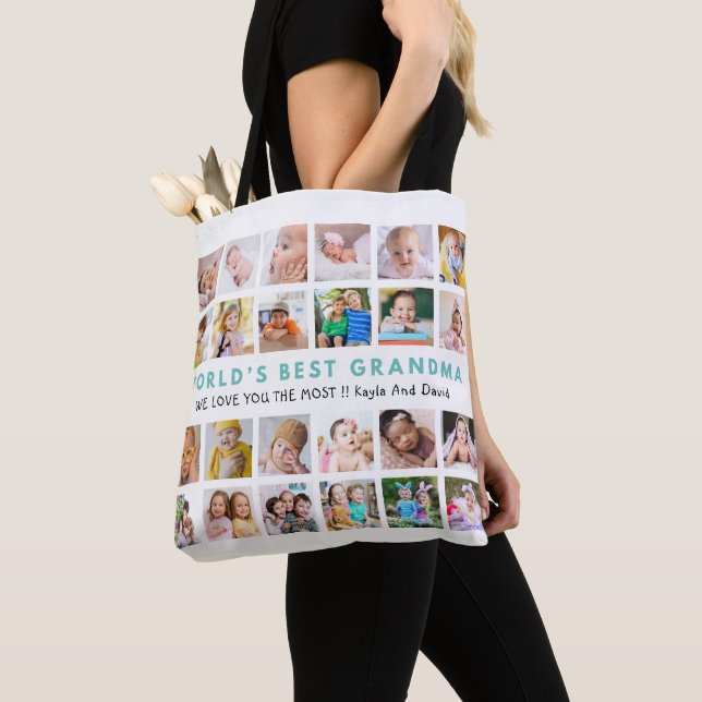 Världens bästa mormor Barnbarn 24 Fotokollage Tygkasse (Närbild)