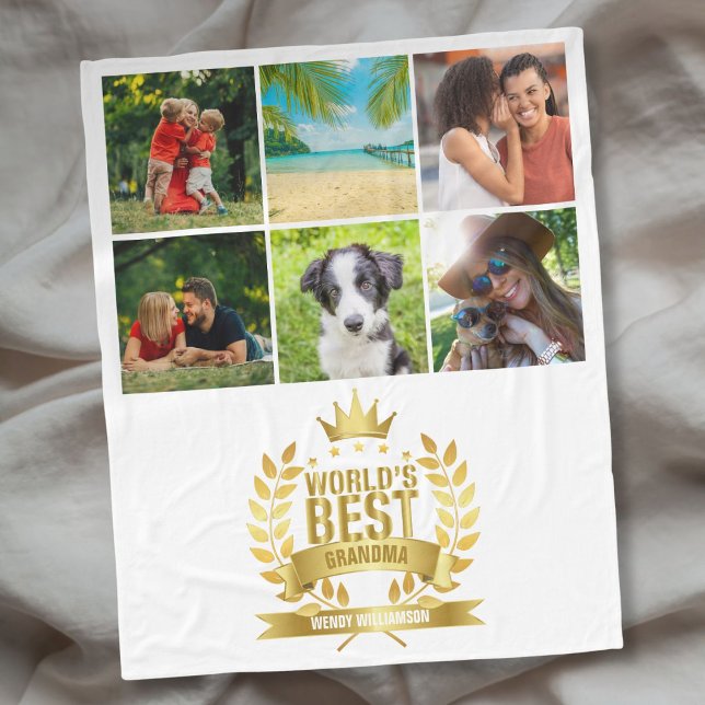 Världens bästa mormor farmor 6 fotokollage fleecefilt (World's Best Grandma Grandmother 6 Photo Collage Fleece Blanket)