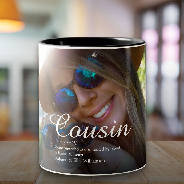 Världens bästa någonsin-kusin-skriptfoto Två-Tonad mugg (World's Best Ever Cousin Definition Script Photo Two-Tone Coffee Mug)