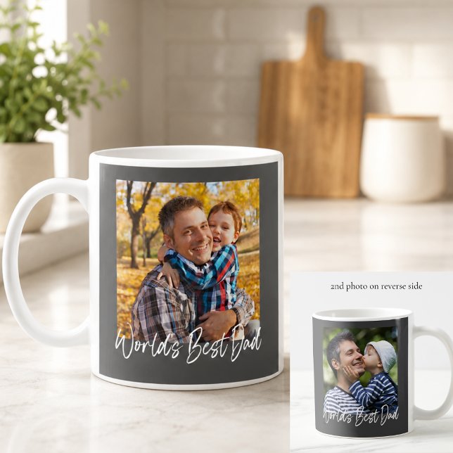 Världens bästa pappa 2 Foto Anpassat Kaffemugg (elegant black script world's best dad photo mug with 2 custom photos fathers day gift)