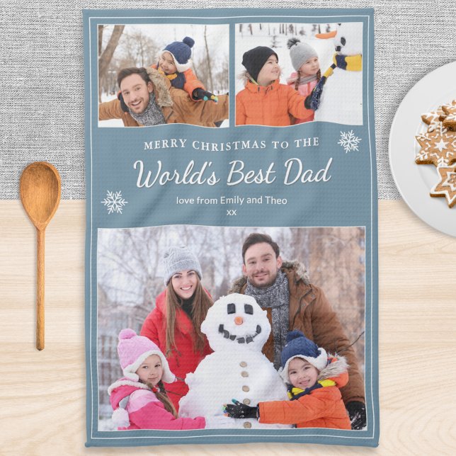 Världens Bästa Pappa 3 Bilder Jul Blå Kökshandduk (A stylish gray kitchen tea towel for the 'World's Best Dad' at Christmas, with three custom photos)