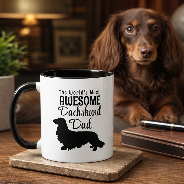 Världens mest fantastiska långhåriga taxpappa mugg (Long hair dachshund dad mug - father's day gift)