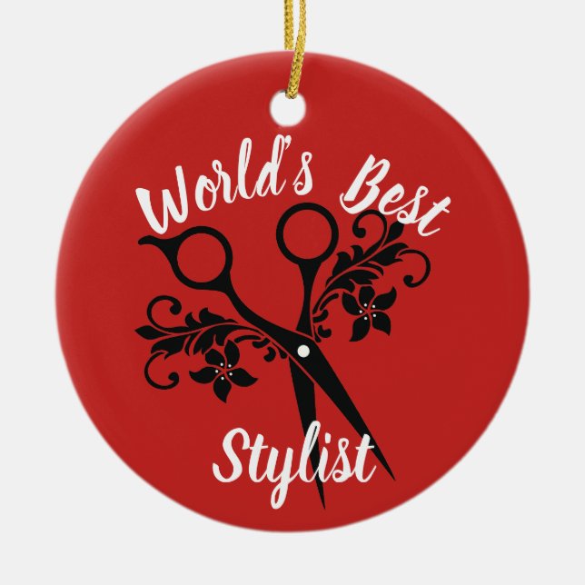 Världs bäst stylist med sax julgransprydnad keramik (Framsidan)