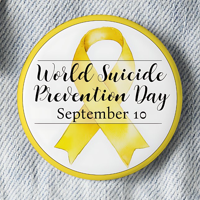 Världsdagen för självmordsförebyggande 10 septembe knapp (World Suicide Prevention Day is September 10 pinback button.  Yellow awareness ribbon.)