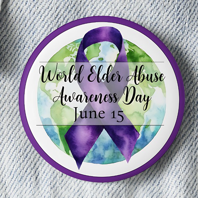 Världsdagen mot övergrepp mot äldre Den 15 juni Knapp (Purple ribbon and globe. World Elder Abuse Awareness Day June 15.)