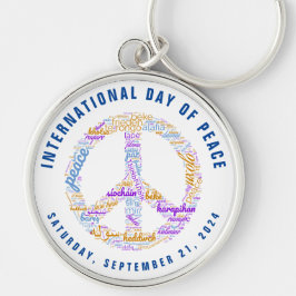Världsfredsdagen Fredstecken Ord Cloud Rund Silverfärgad Nyckelring