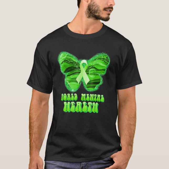 Världshälsofjäril Grön Band Stöd T Shirt (Framsida)