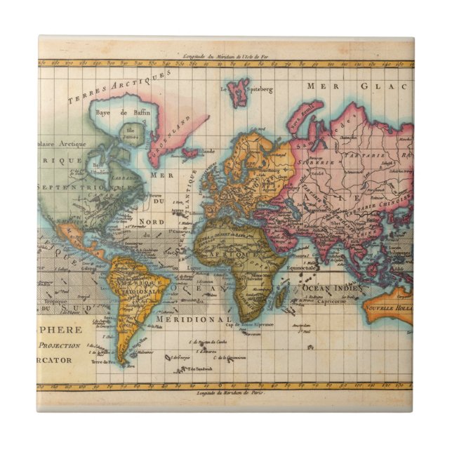 Världskarta 1780 Bonne Antique Planisphere  Kakelplatta (Framsidan)