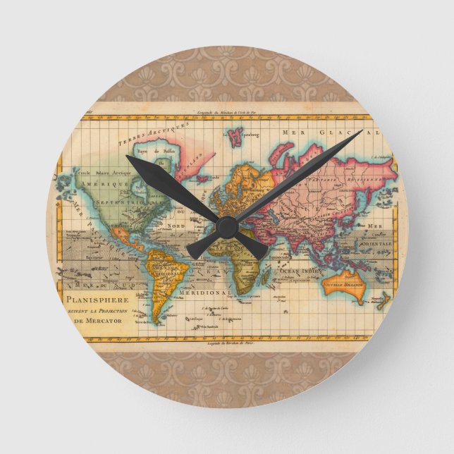 Världskarta 1780 Bonne Antique Planisphere  Rund Klocka (Framsida)