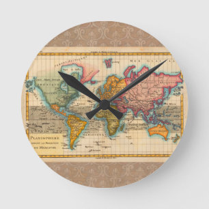 Världskarta 1780 Bonne Antique Planisphere Rund Klocka