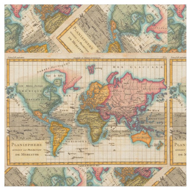 Världskarta 1780 Bonne Antique Planisphere  Tyg (Närbild)
