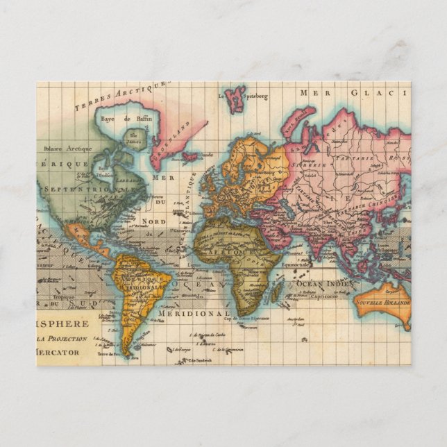 Världskarta 1780 Bonne Antique Planisphere  Vykort (Framsida)