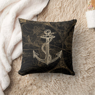 Världskarta för Nautical Black Beige Anchor Kudde
