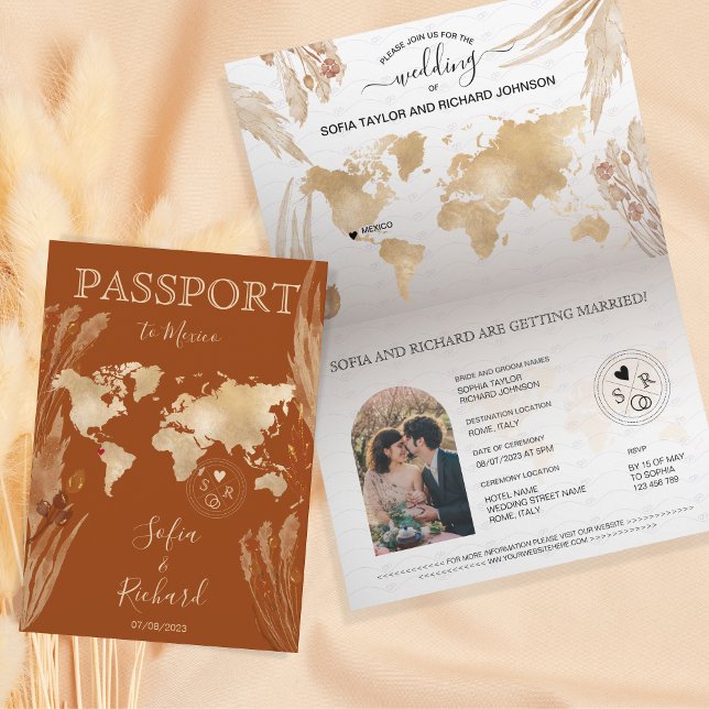 Världskarta för pass för Boho Terracotta Bröllop Inbjudan (Skapare uppladdad)