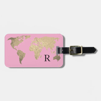Världskarta Hot Gold Monogram Initial Namn Gåva Bagagebricka