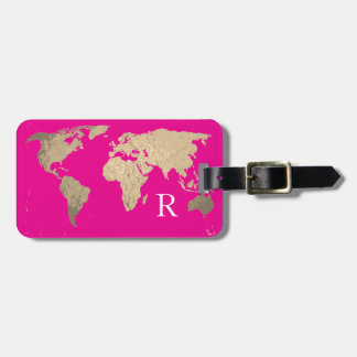 Världskarta Hot Pink Guld Monogram Initial Namn Bagagebricka