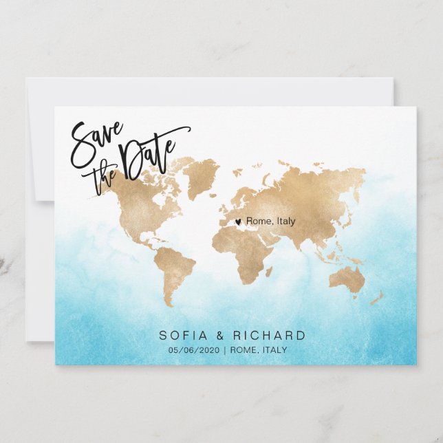 Världskarta i guld med flyttbart hjärta för bröllo inbjudningar (Framsida)