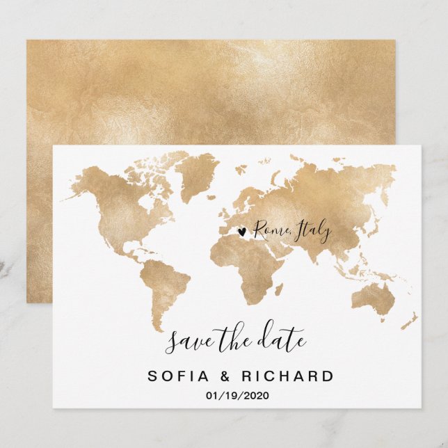 Världskarta i guld med löst hjärta för bröllopsdes inbjudningar (Fram/baksida)