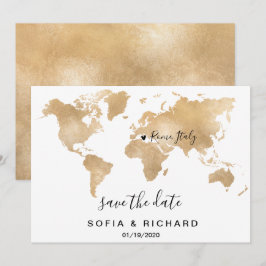 Världskarta i guld med löst hjärta för bröllopsdes inbjudningar