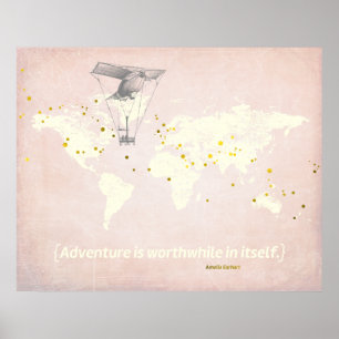 Världskarta, Inspirerande Citat & Falskt Guld Foli Poster