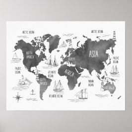 Världskarta Konst Svart Vitt Marin Ungdomsrum Poster
