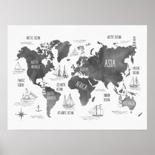 Världskarta Konst Svart Vitt Marin Ungdomsrum Poster