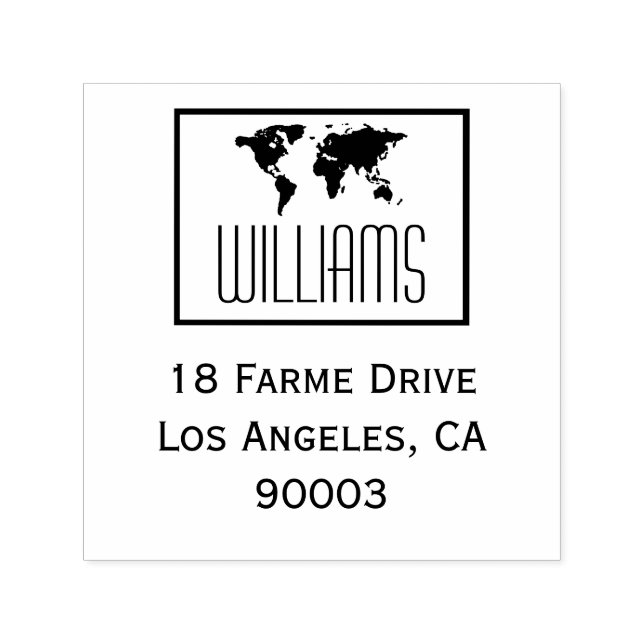 världskarta med returadress, fyrkantig svart/vit självfärgande stämpel (Design)