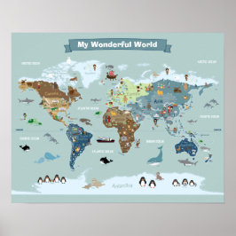 Världskarta över barn med djur och landmärken poster