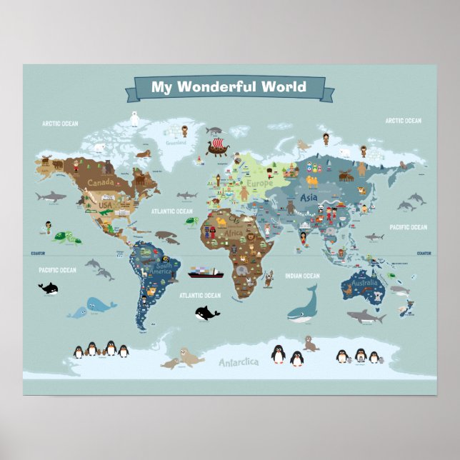 Världskarta över barn med djur och landmärken poster (Framsidan)