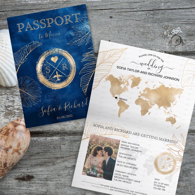 Världskarta över destinationspass för Mexiko Bröll Inbjudan (passport wedding navy blue with golden stamp and palm leaves)