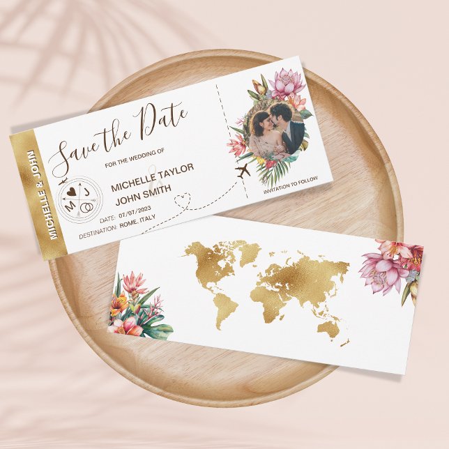 Världskarta över foto-boardingkort för tropisk Blo Inbjudningar (Tropical Floral Save The Date boarding pass ticket invitation with a circle photo)
