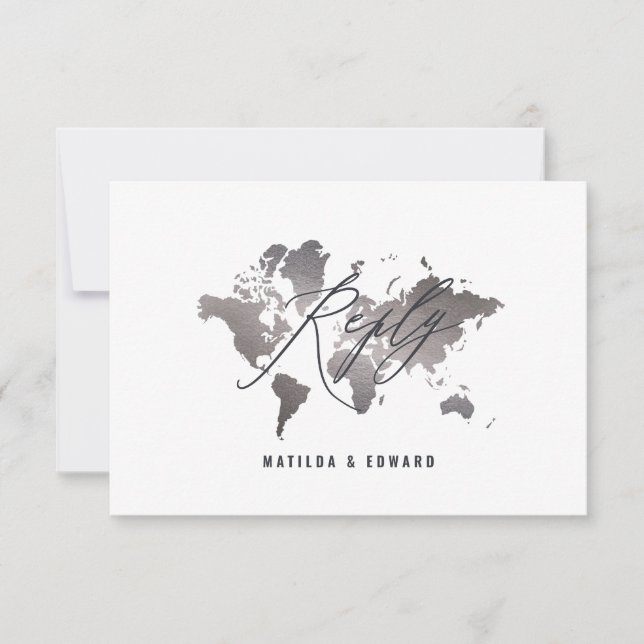 Världskarta över Metallic silver bröllop R.S.V.P OSA Kort (Framsida)