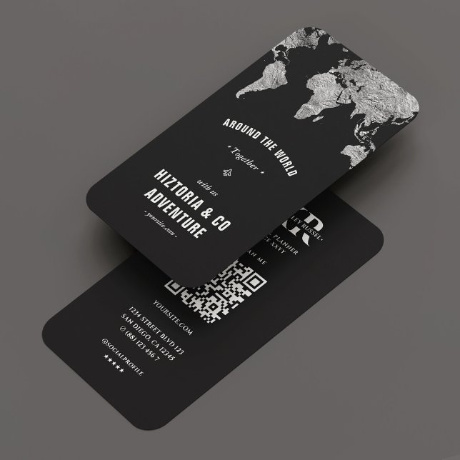 Världskarta över resetrafik Äventyr Silver Black Visitkort (Travel Tour Adventure World Map Silver Black Business Card
)