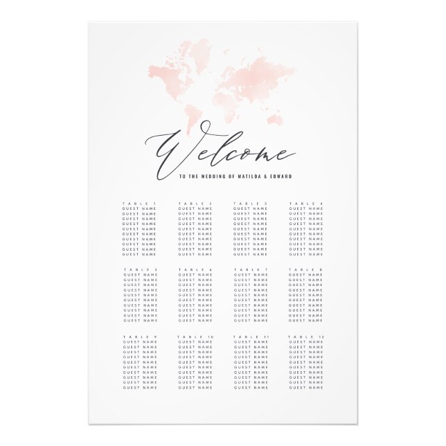 Världskarta över rosa vattenfärg bröllop fototryck (Framsidan)