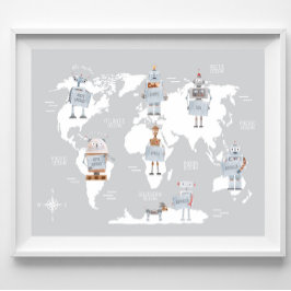 Världskarta Pojkar Tryck, Robotkonst Barnrum Poster