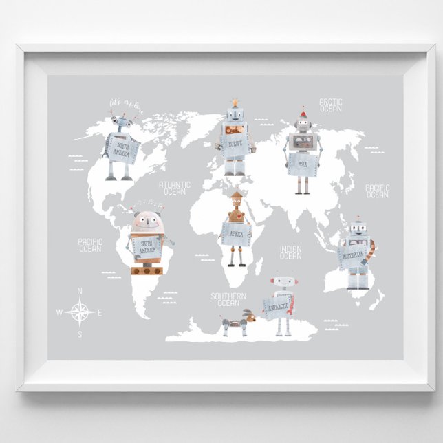 Världskarta Pojkar Tryck, Robotkonst Barnrum Poster (Skapare uppladdad)
