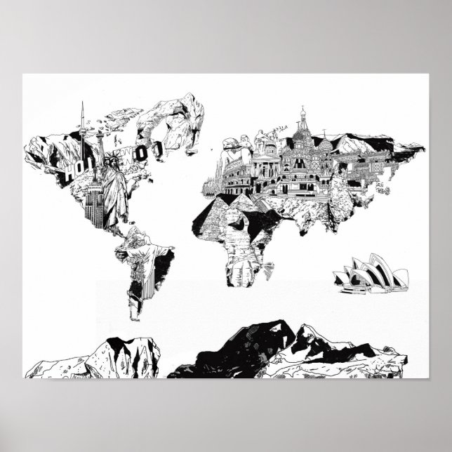 världskarta, svart och vitt 3 poster (Framsidan)