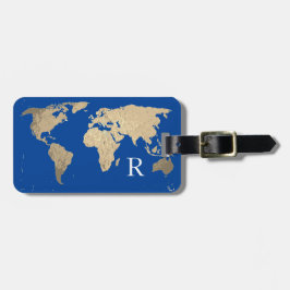 Världskartan Golden Sepia Blue Monogram Första Nam Bagagebricka