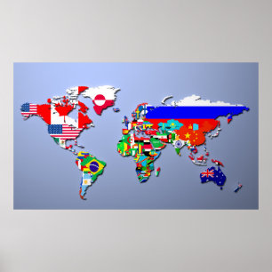 Världskartan med deras flaggor poster