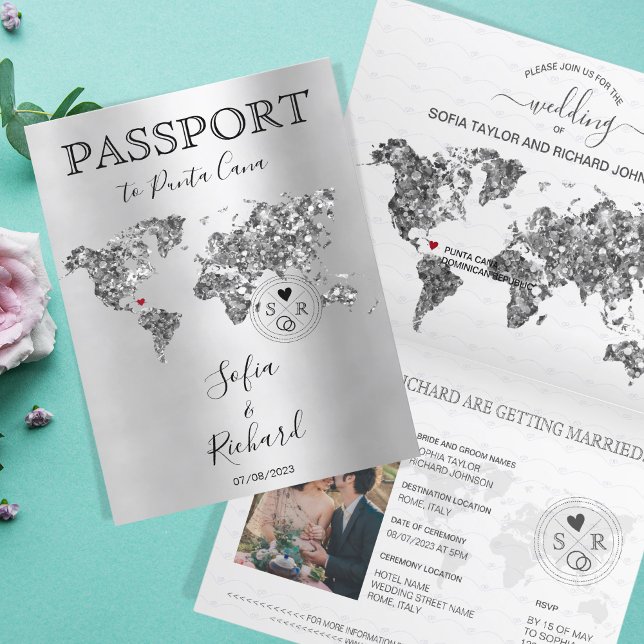 Världskartan över destinationsbröllop i Silver Inbjudan (Skapare uppladdad)