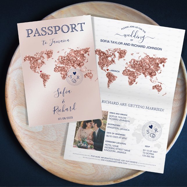 Världskartan över destinationsbröllopspass Ro Guld Inbjudan (rose gold world map, blush pink and navy passport invitation)