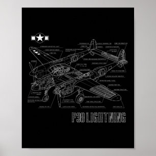 Världskrig 2 P-38 Blixtbekämpare Flygplan Bluepr Poster