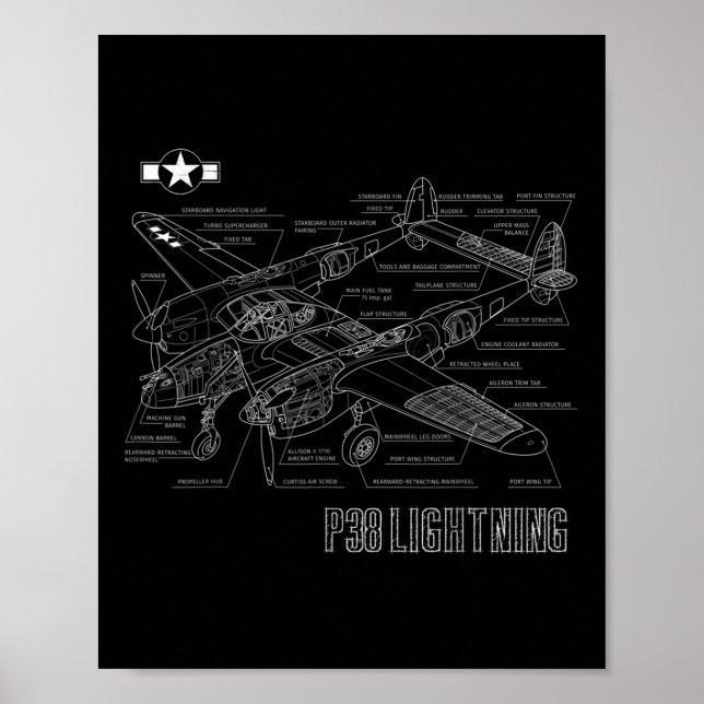 Världskrig 2 P-38 Blixtbekämpare Flygplan Bluepr Poster (Framsidan)