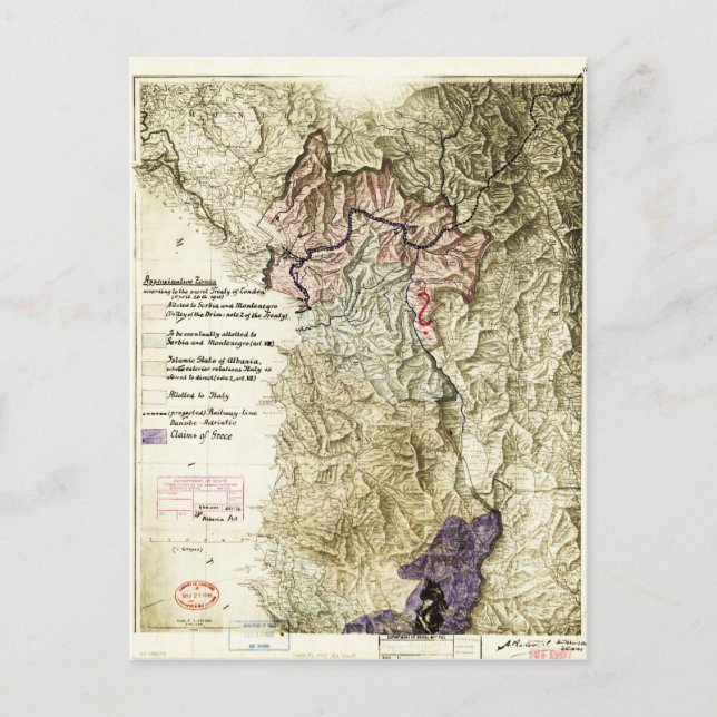 Världskrig I Karta i Albanien (26 april 1915) Vykort (Framsida)