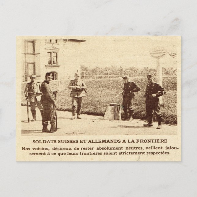 Världskrig I, schweiziska och tyska soldater, grän Vykort (Framsida)