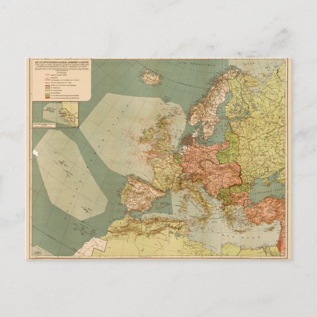 världskrig I Tyska ubåten (U-Boat) Karta (1918) Vykort (Framsida)