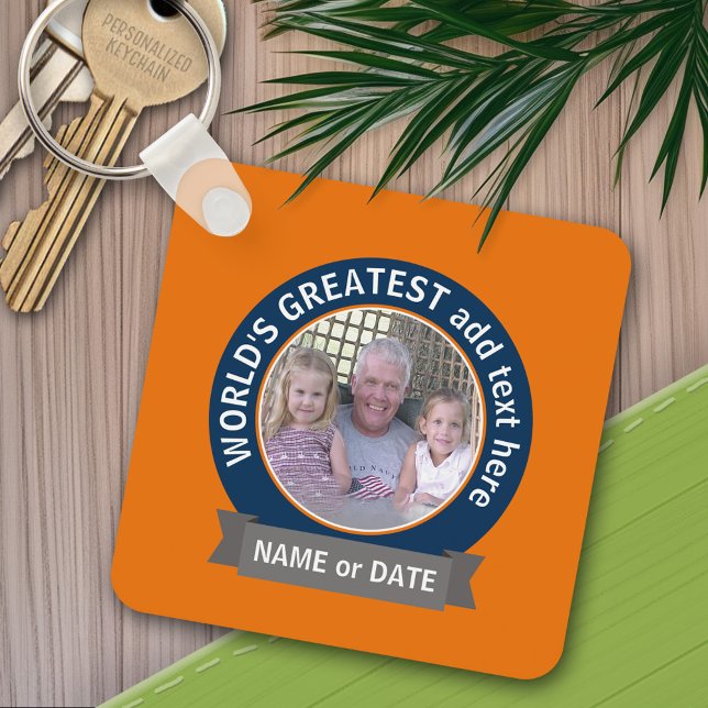 Världsmästare Pappa Grandpa Photo orange blue Nyckelring (Personalized keychain - add a photo and name)